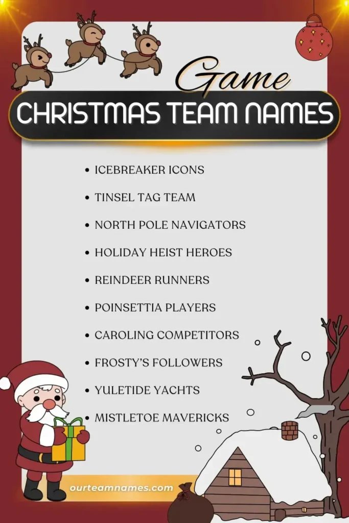 explore our collection of festive christmas team names for trivia, work, parties, games, and crossfit at ourteamnames.com. perfect for adding a spark to your holiday celebrations. #ChristmasTeamNames #HolidayFun #TeamSpirit #FestiveGames #WorkParty